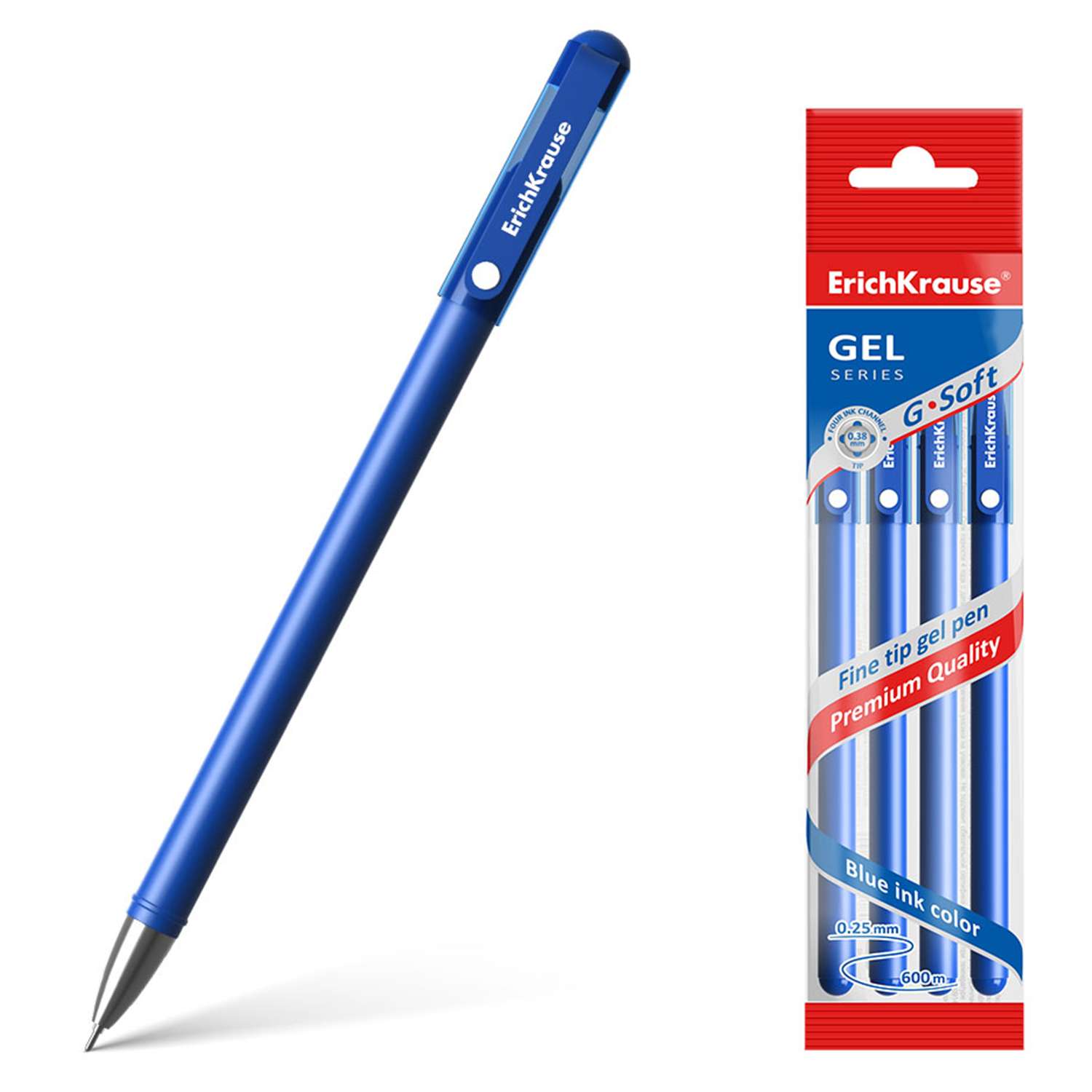 Ручка гелевая ErichKrause G-Soft цвет чернил синий в пакете 4 штуки - фото 1