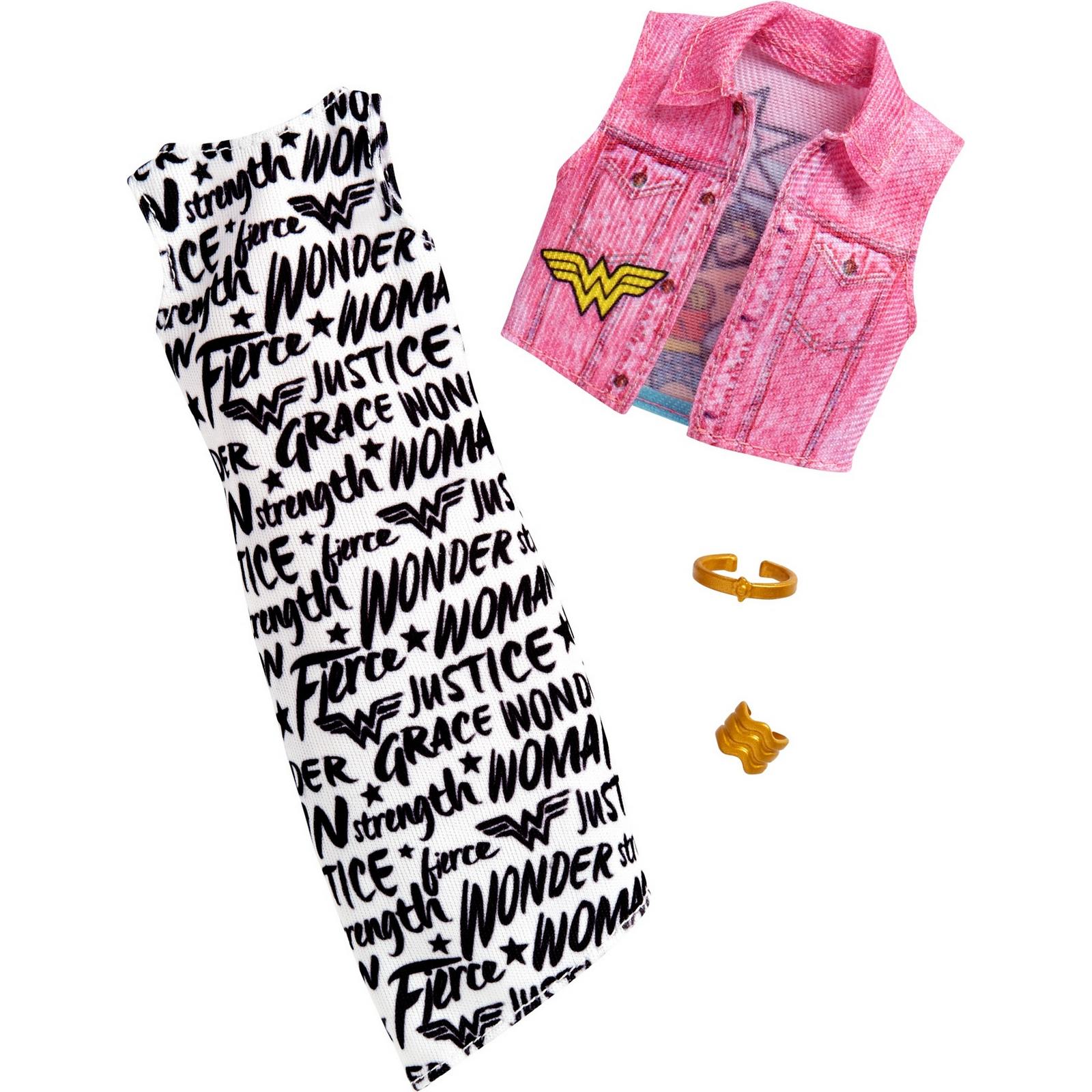 Одежда Barbie Универсальный полный наряд коллаборации Чудо-женщина Черно-белое платье с принтом и розовая безрукавка FXK84 FKR66 - фото 1