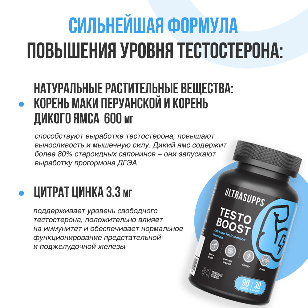 Комплекс для мужчин ULTRASUPPS Бустер тестостерона 90 капсул купить по цене  1225 ₽ в интернет-магазине Детский мир