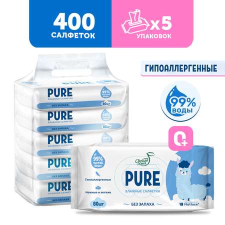 Влажные салфетки детские Свежая нота Pure без запаха 400 штук, 5 х 80шт