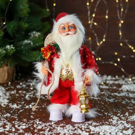 Дед мороз Sima-Land «В костюме с пайетками с фонариком» двигается с подсветкой 28 см красный