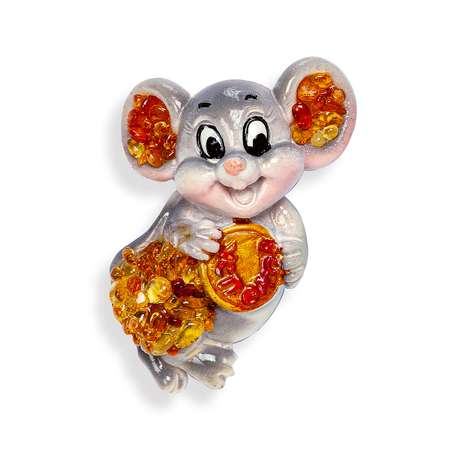 Магнит из керамики Янтарь России Веселый мышонок с подковой