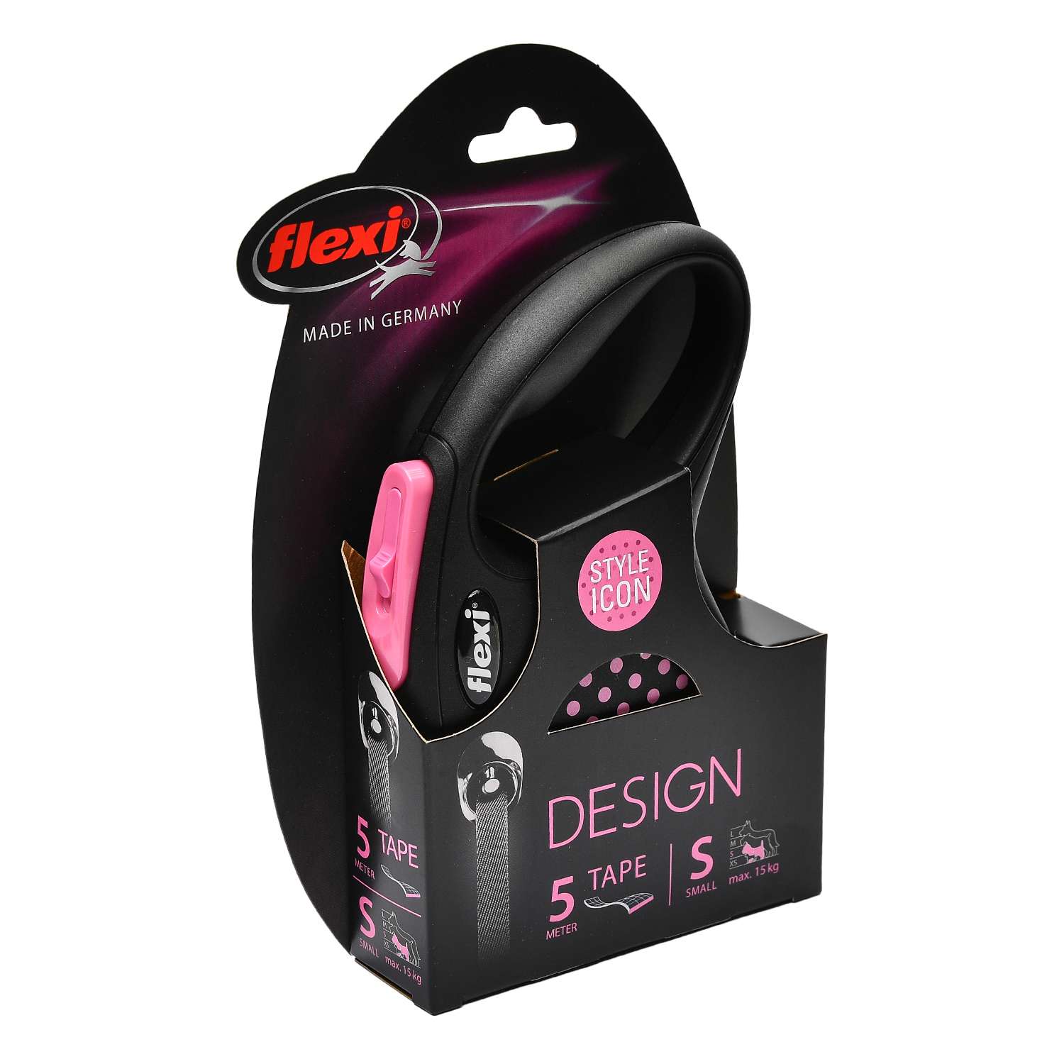 Рулетка Flexi Design S лента 5м до 15кг Черная-Розовый горох - фото 2