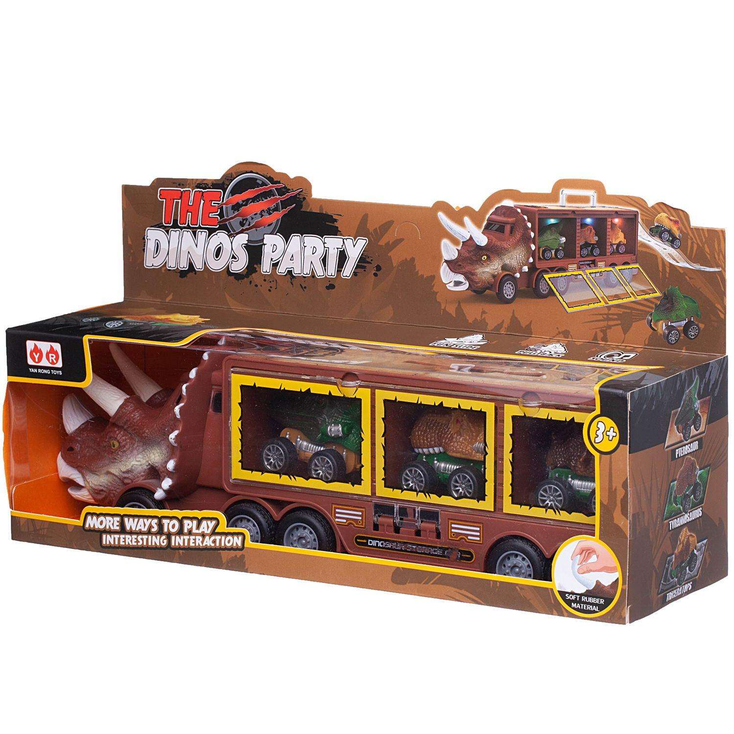 Игровой набор Junfa Автовоз динозавр коричневый с 3 машинками со съездом WC-11972 - фото 2