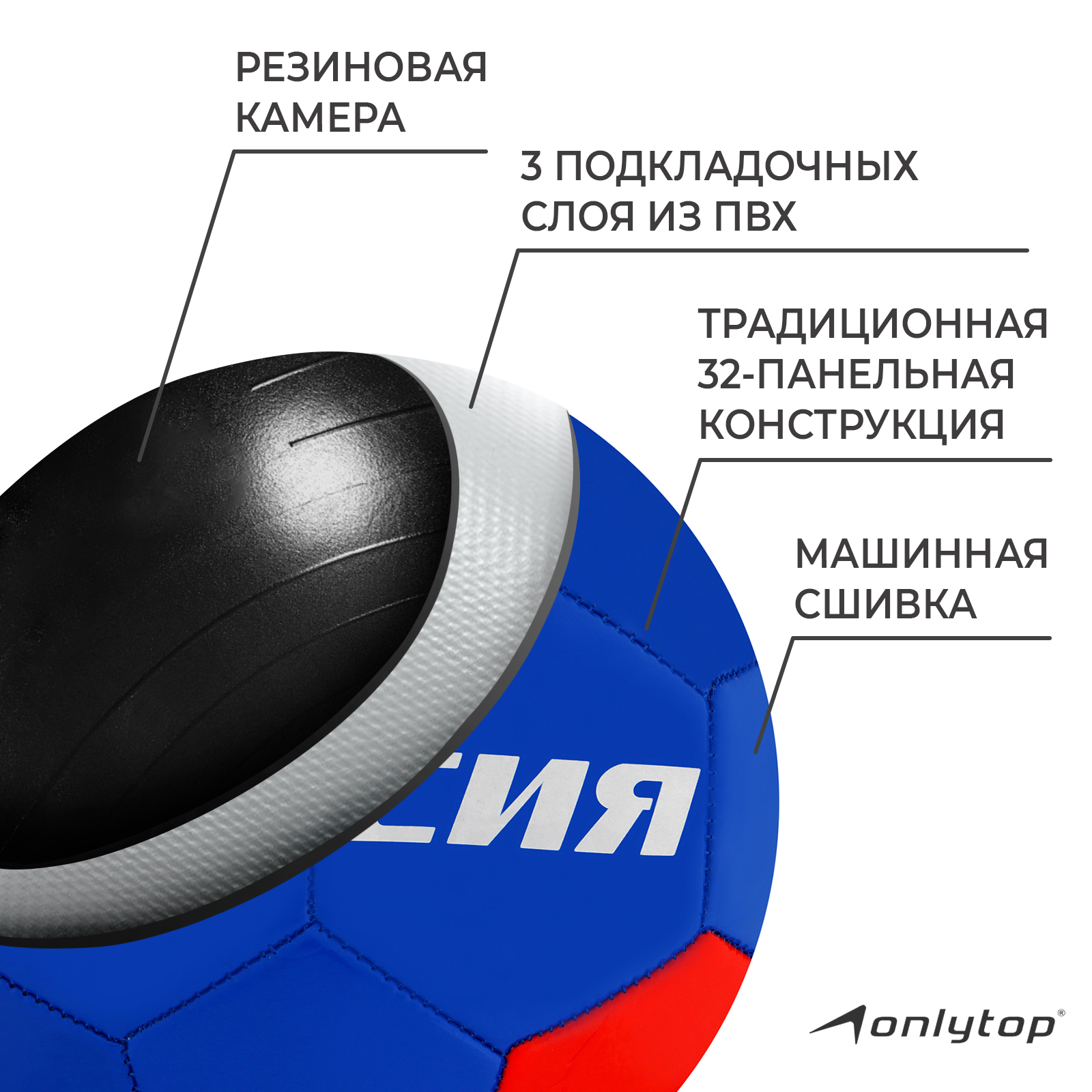 Мяч ONLITOP футбольный «Россия». ПВХ. машинная сшивка. 32 панели. размер 5. 278 г - фото 3