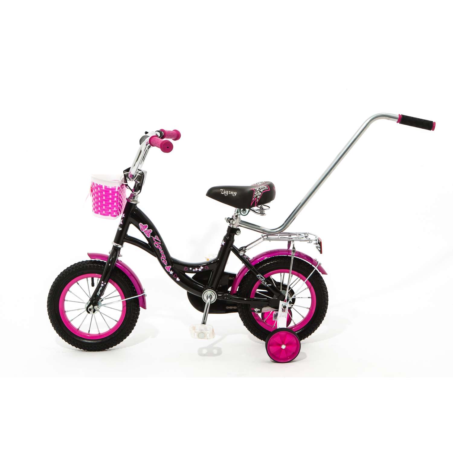 Велосипед ZigZag 12 GIRL черный малиновый С РУЧКОЙ - фото 1