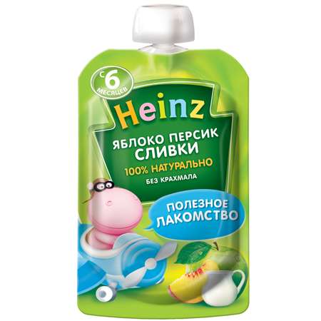 Пюре Heinz яблоко-персик-сливки пауч 90г с 6месяцев