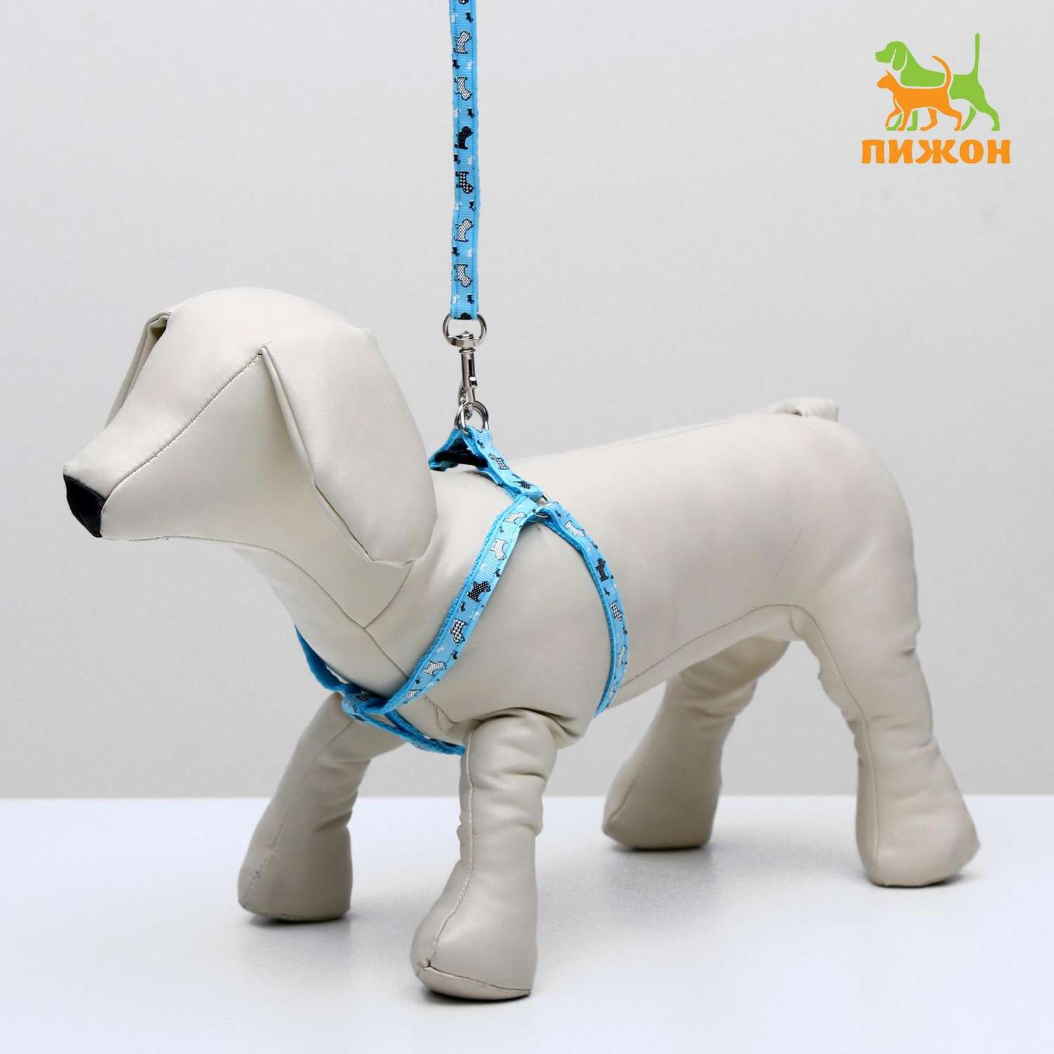 Комплект для собаки Пижон «Собачки» поводок 1.2 м шлейка 23-35 см голубой - фото 2