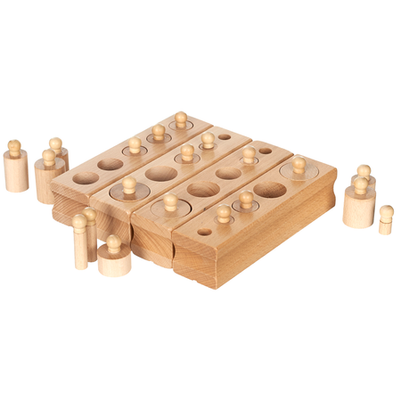 Развивающая игра Монтессори КУЗЯ ТУТ Игровой набор Чудо цилиндры из дерева (Бук) 4 блока с бочонками в наборе