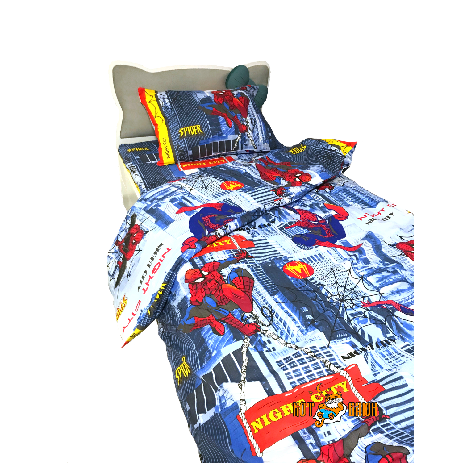 Постельное белье Кот Баюн Человек Паук 1.5 спальный наволочка 50х70 см. - фото 1