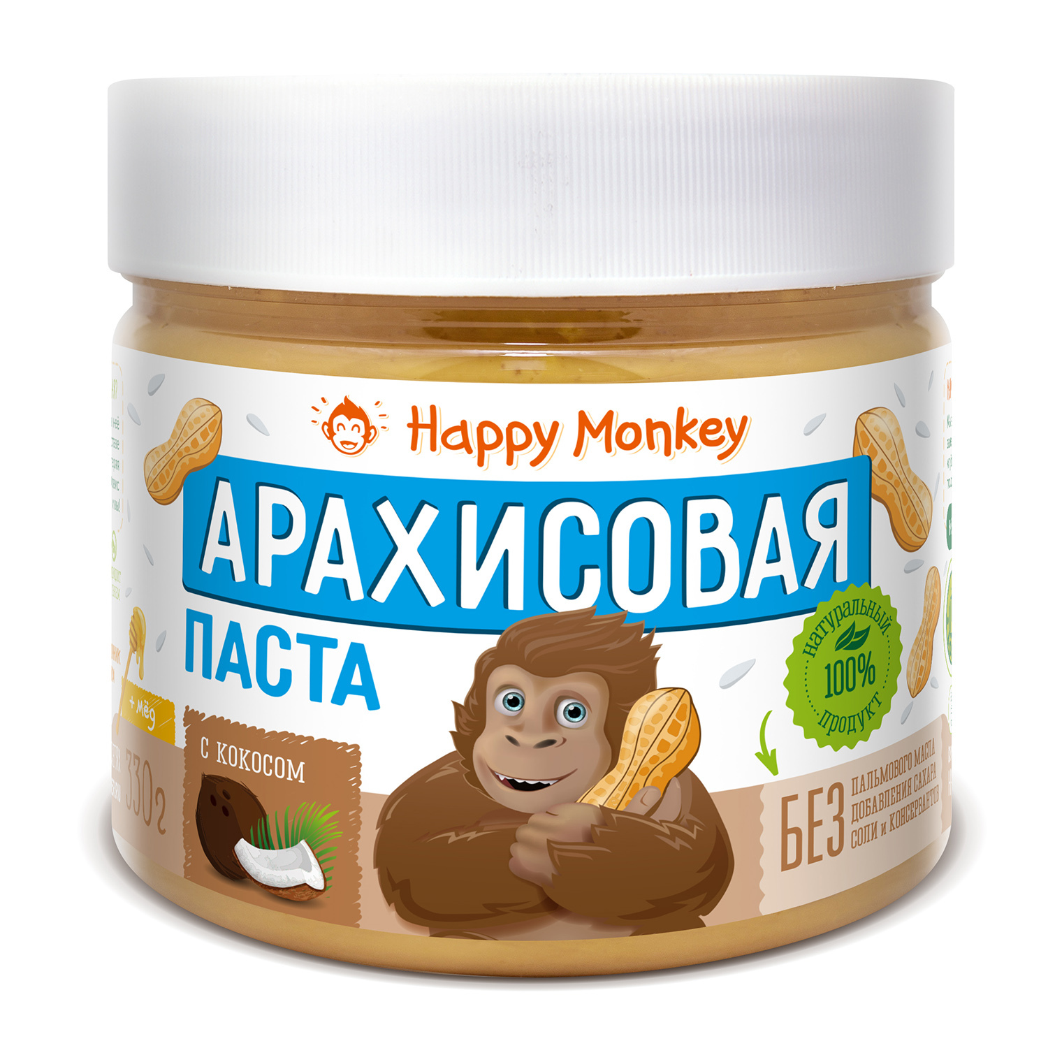 Паста Happy Monkey арахисовая кокос 330г - фото 1