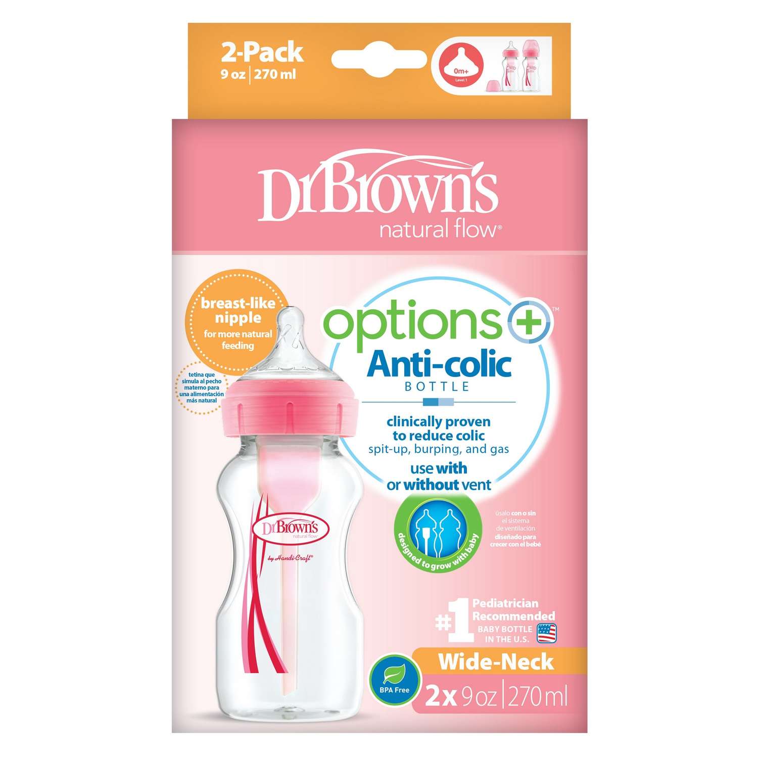 Набор бутылочек Dr Brown's Options+ антиколиковые широкое горлышко 270мл 2шт Розовый - фото 2