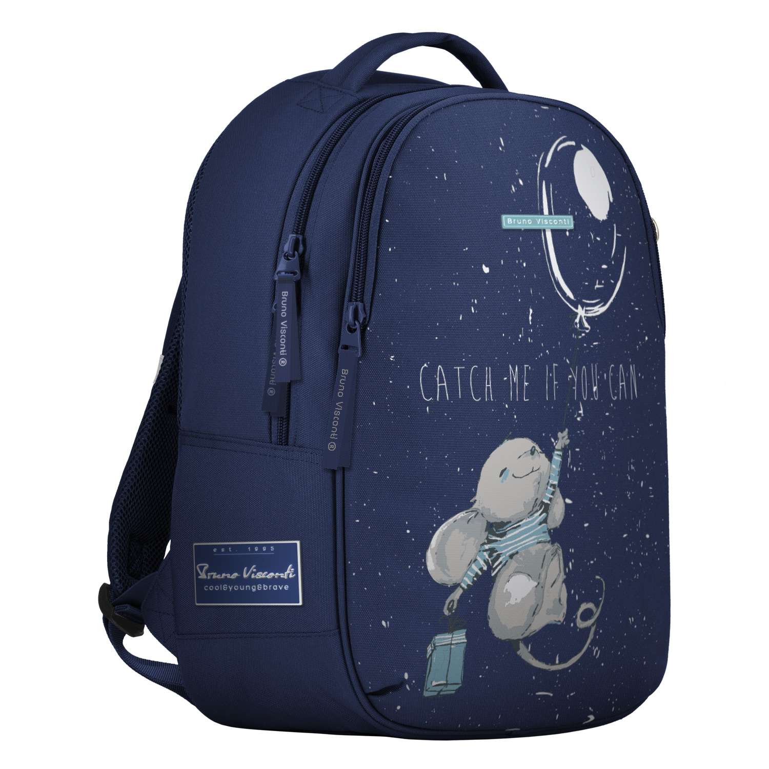 Рюкзак школьный Bruno Visconti классический суперлегкий синий с эргономичной спинкой Зверушки и шарики Мышонок - фото 1