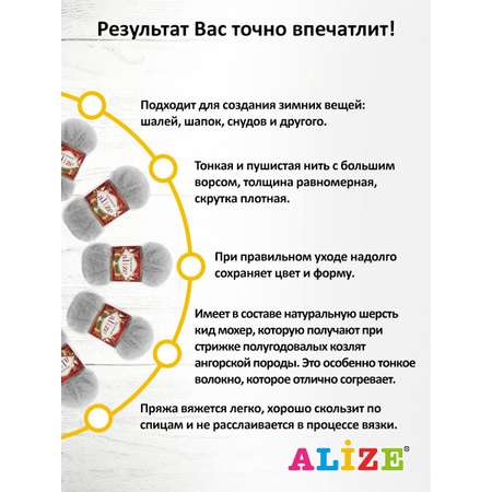 Пряжа Alize полушерстяная с длинным ворсом Kid royal 50гр 500 м 5 мотков 224 св. серый