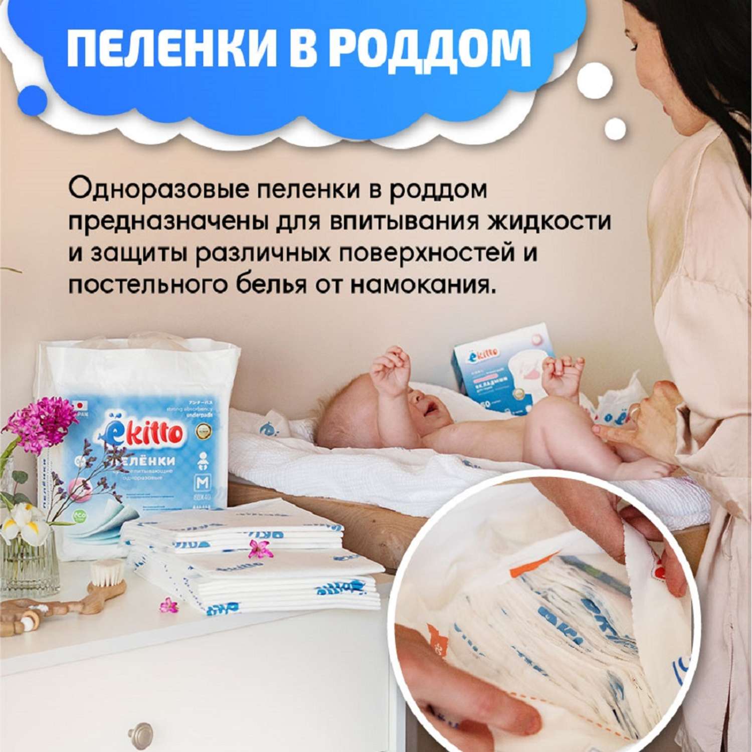Пеленки одноразовые Ekitto для новорожденных впитывающие 60х60 30шт - фото 5