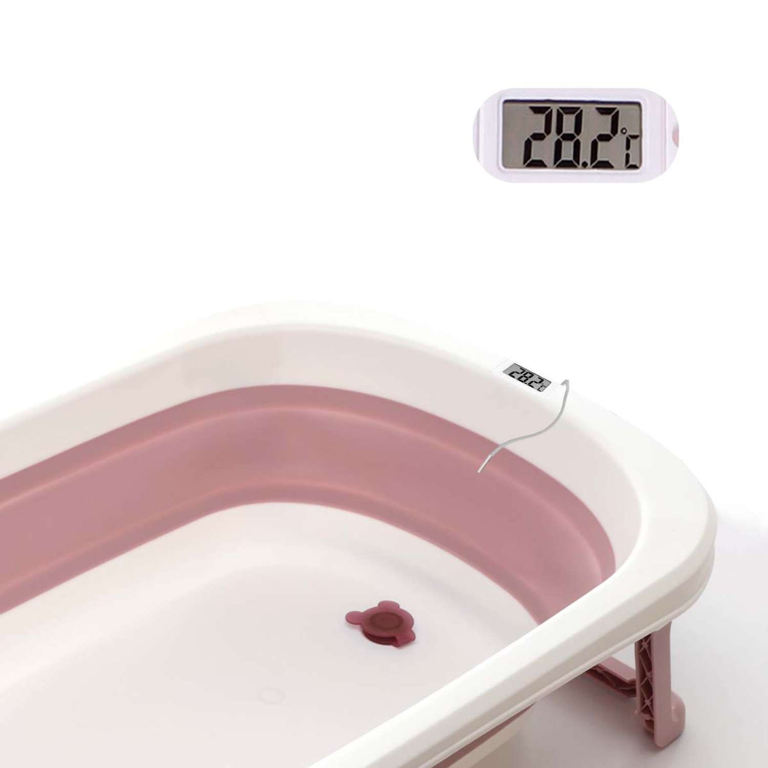 Ванночка складная детская WiMI с матрасиком термометром и 4 резиновыми уточками розовая - фото 6