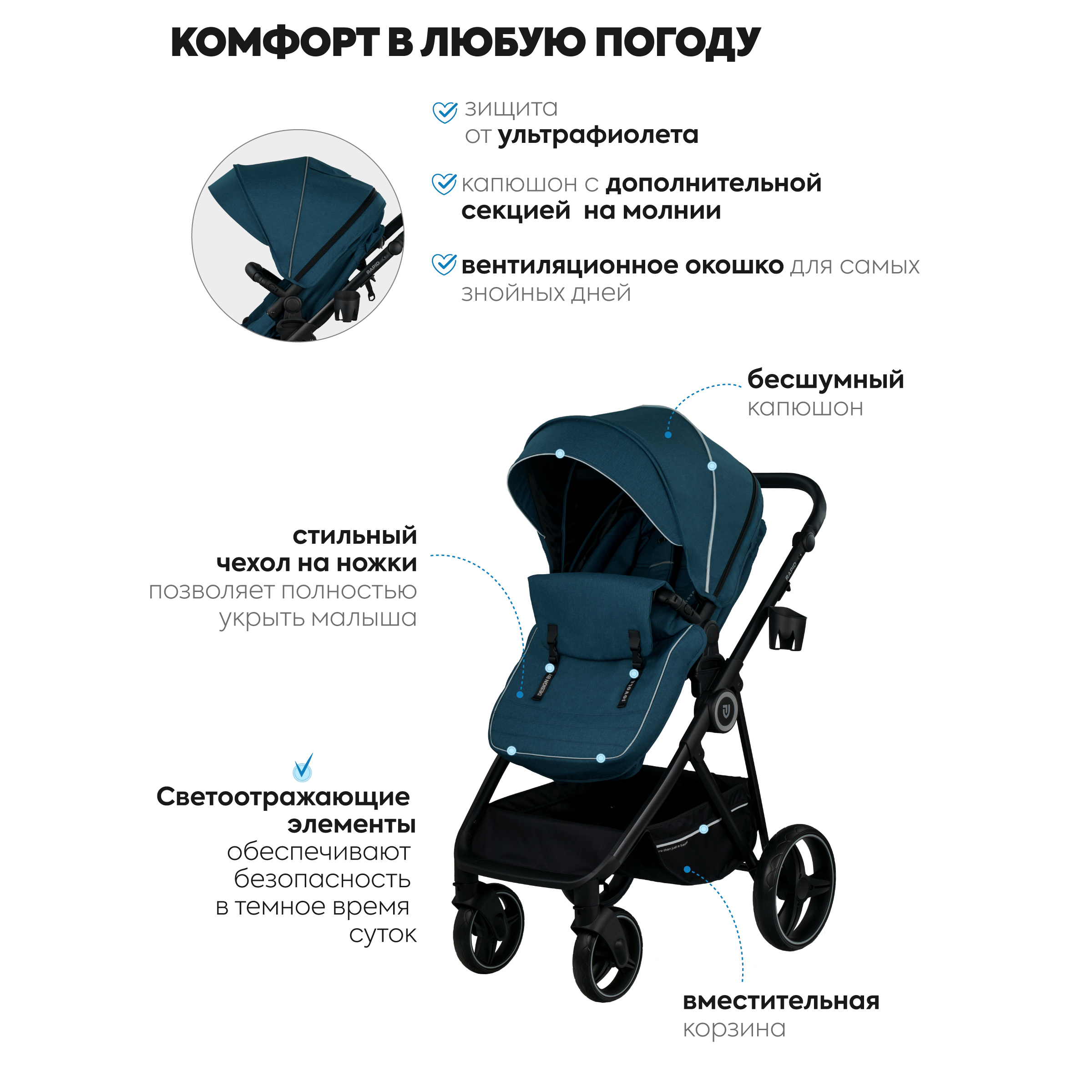 Коляска для новорожденных 3 в 1 JOVOLA Rapid прогулочная с автолюлькой морская волна - фото 7