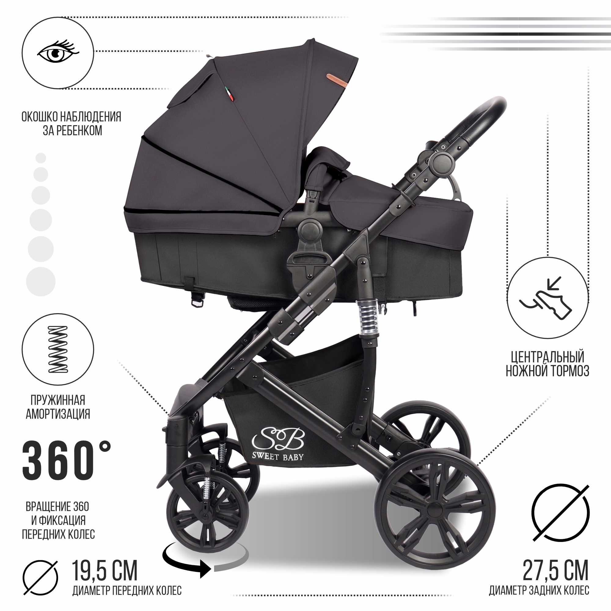 Коляска-трансформер 2 в 1 Sweet Baby Comfort black grey купить по цене  15047 ₽ в интернет-магазине Детский мир