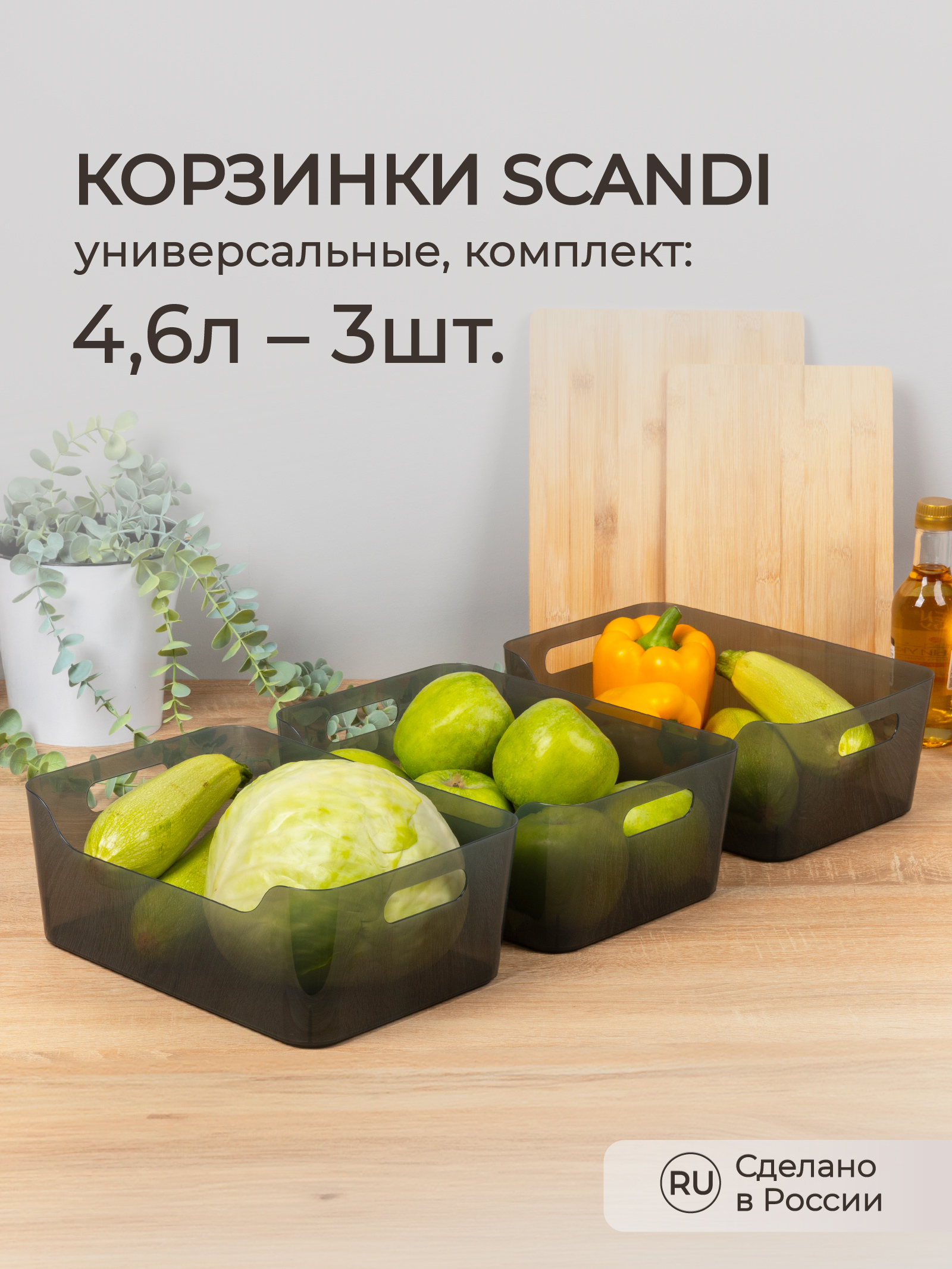 Комплект корзинок Econova SCANDI 4.6л - 3шт. черный прозрачный - фото 1