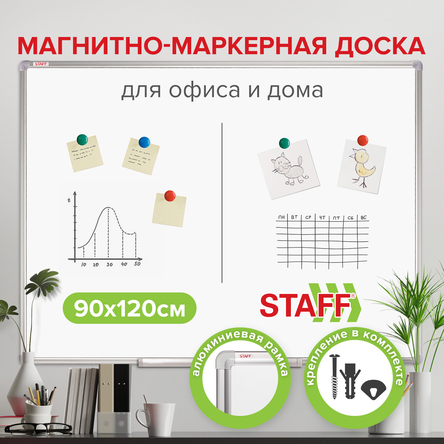 Доска магнитно-маркерная 90х120 см, алюминиевая рамка, Staff, 235463