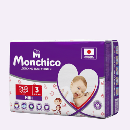 Детские подгузники Monchico MIDI 6-10 кг 34 штуки