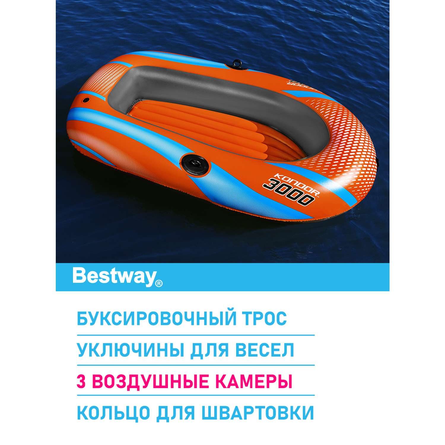 Лодка надувная BESTWAY Kondor 3000 без весел 212х122 см заплатка - фото 3