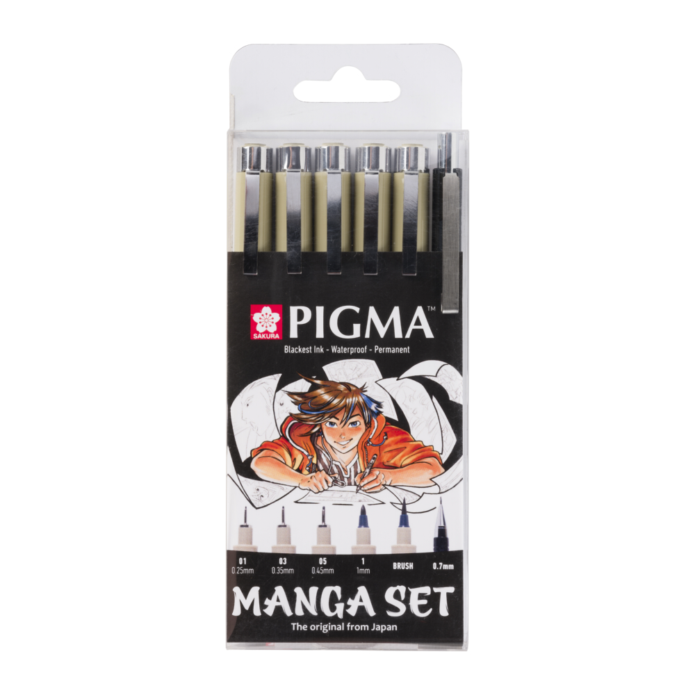 Набор черных капиллярных ручек SAKURA Pigma Micron Manga 6 штук brush механический карандаш 0.7мм. - фото 1