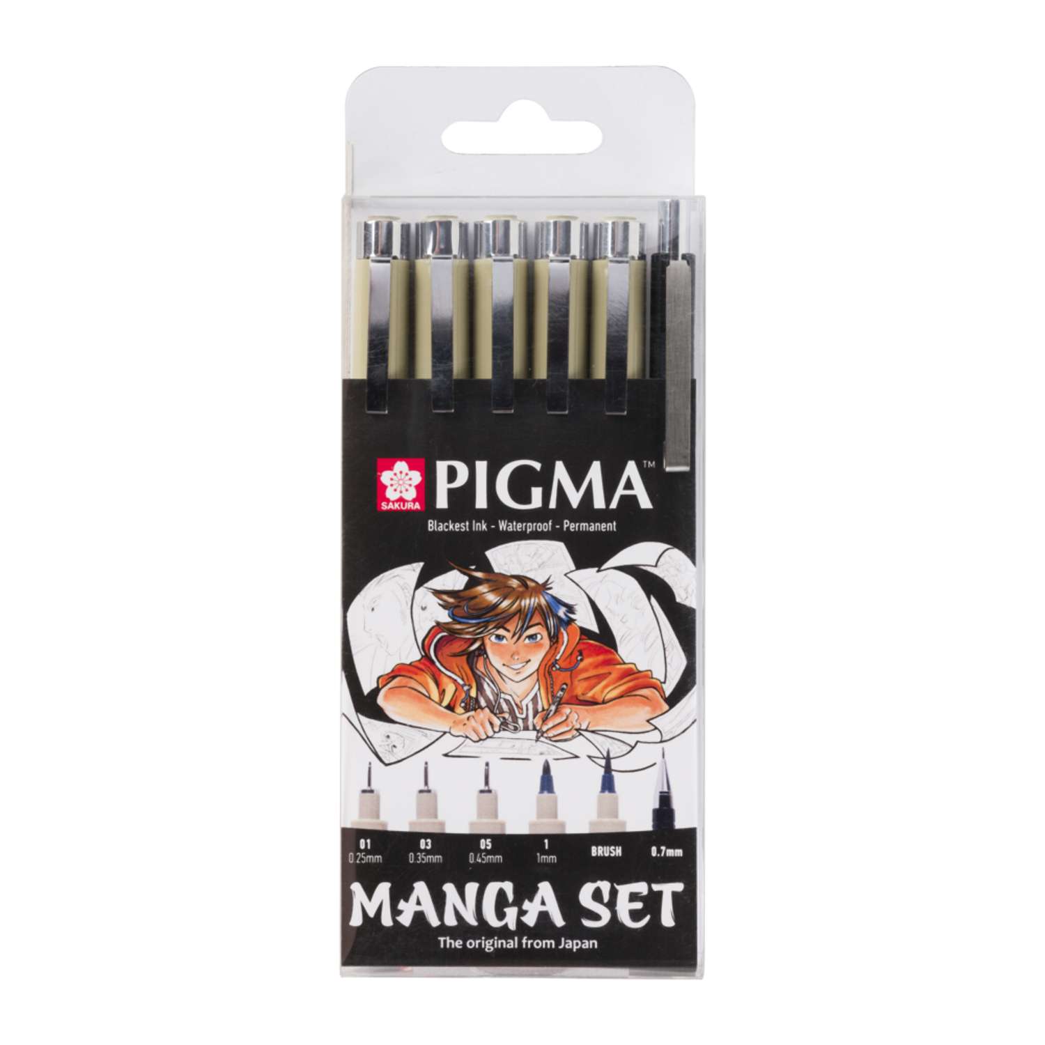 Набор черных капиллярных ручек Sakura Pigma Micron Manga 6 штук brush механический карандаш 0.7мм. - фото 1