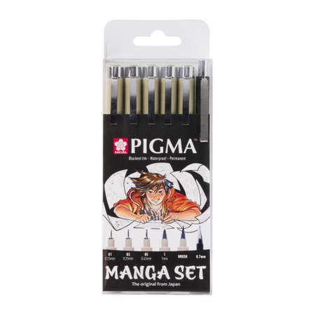 Набор черных капиллярных ручек Sakura Pigma Micron Manga 6 штук brush механический карандаш 0.7мм.