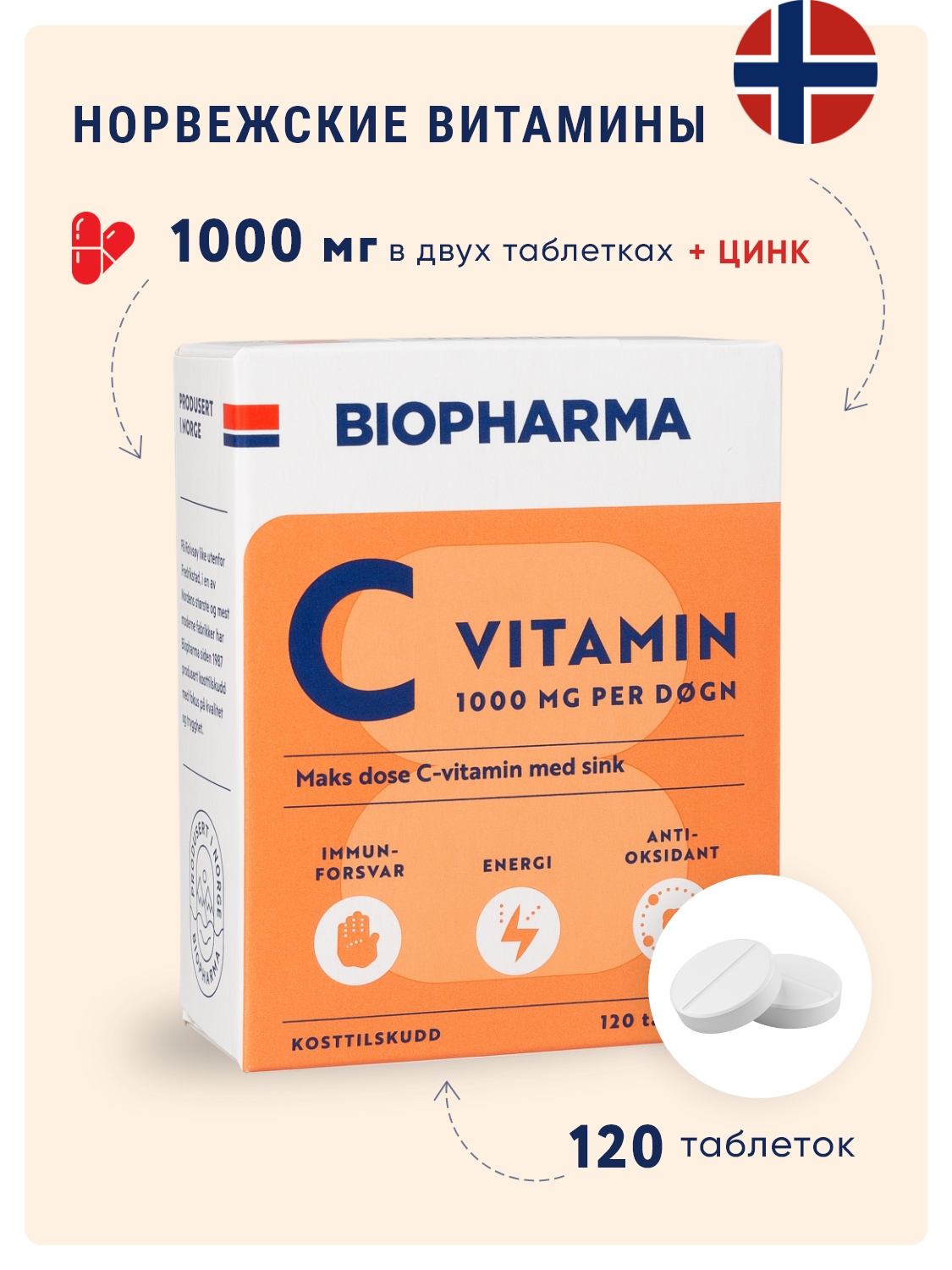 БАД Biopharma Витамин С с цинком 1000 мг Vitamin C 120 таблеток - фото 1