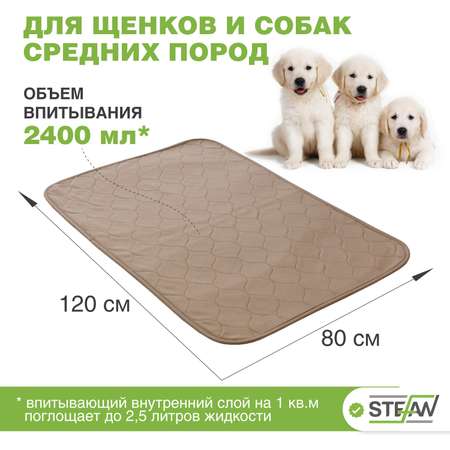 Пеленка для животных Stefan впитывающая многоразовая коричневая однотонная 80х120 см