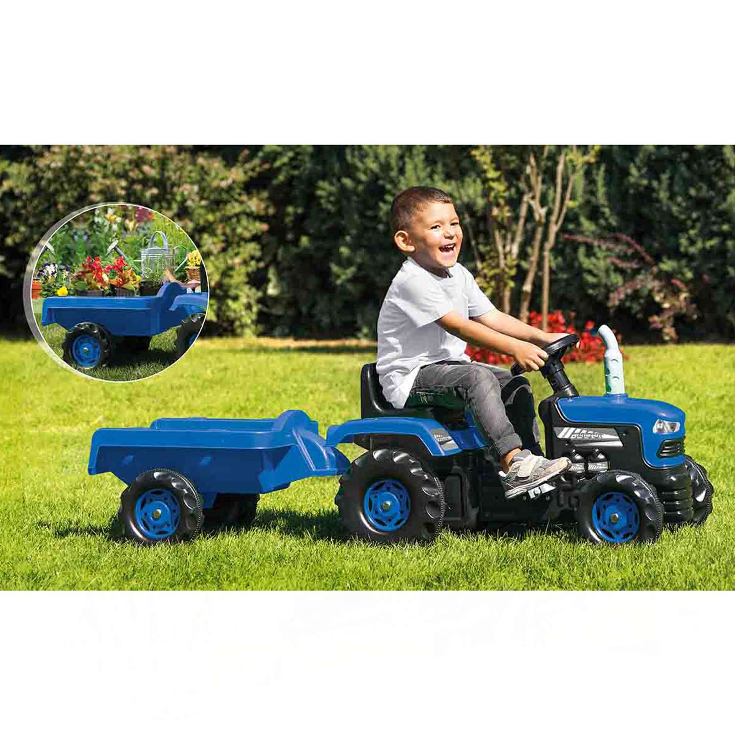 Трактор педальный DOLU с прицепом клаксон синий - фото 2