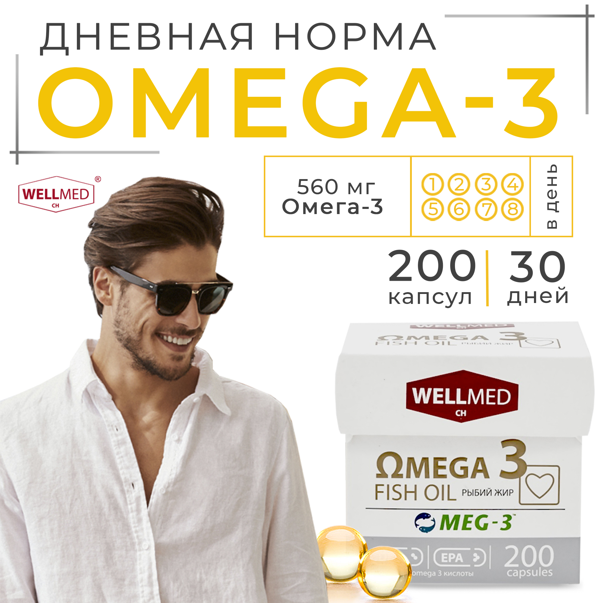 Рыбий жир для взрослых WELLMED Концентрат OMEGA 3 200 капсул Fish oil - фото 2