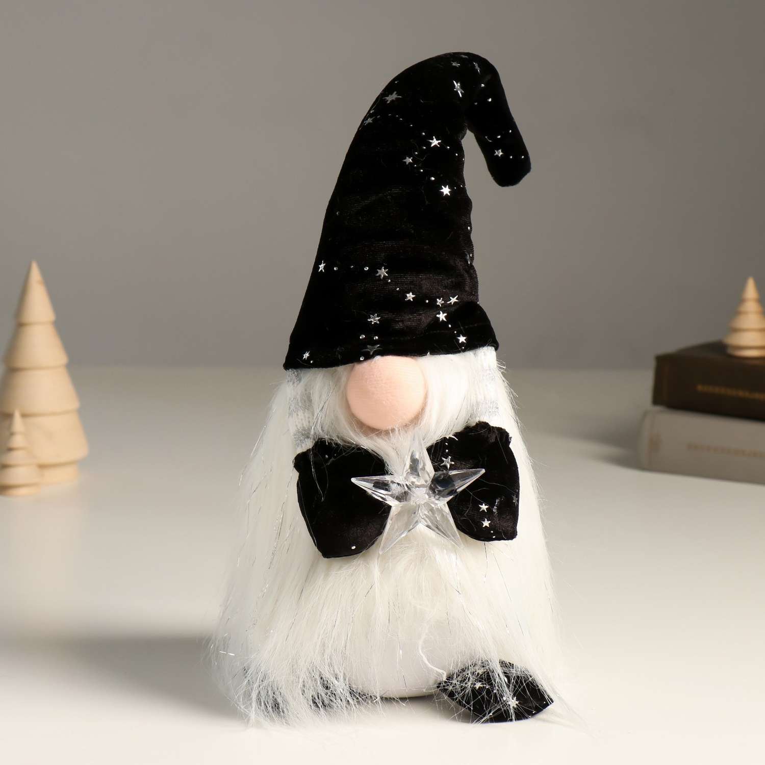 Кукла интерьерная Зимнее волшебство «Гном в чёрном колпаке со звездами со звёздочкой в руках» 36 см - фото 1