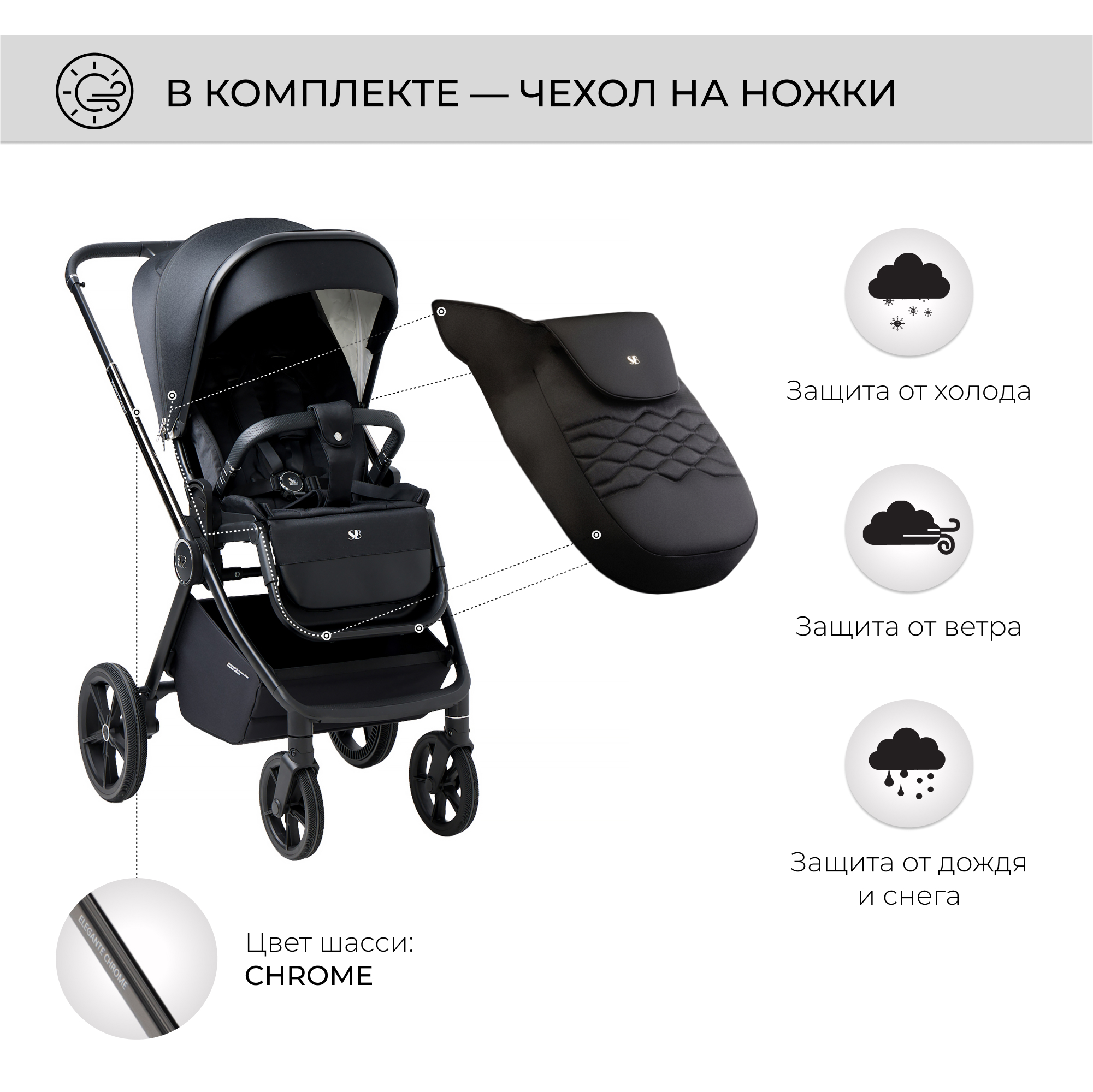 Коляска 3в1 Sweet Baby Elegante Chrome Black - фото 6