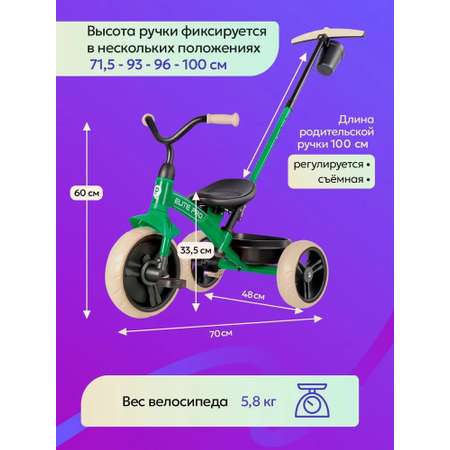 Велосипед трёхколесный Velobibi Elite Plus с ручкой колёса Eva Зеленый