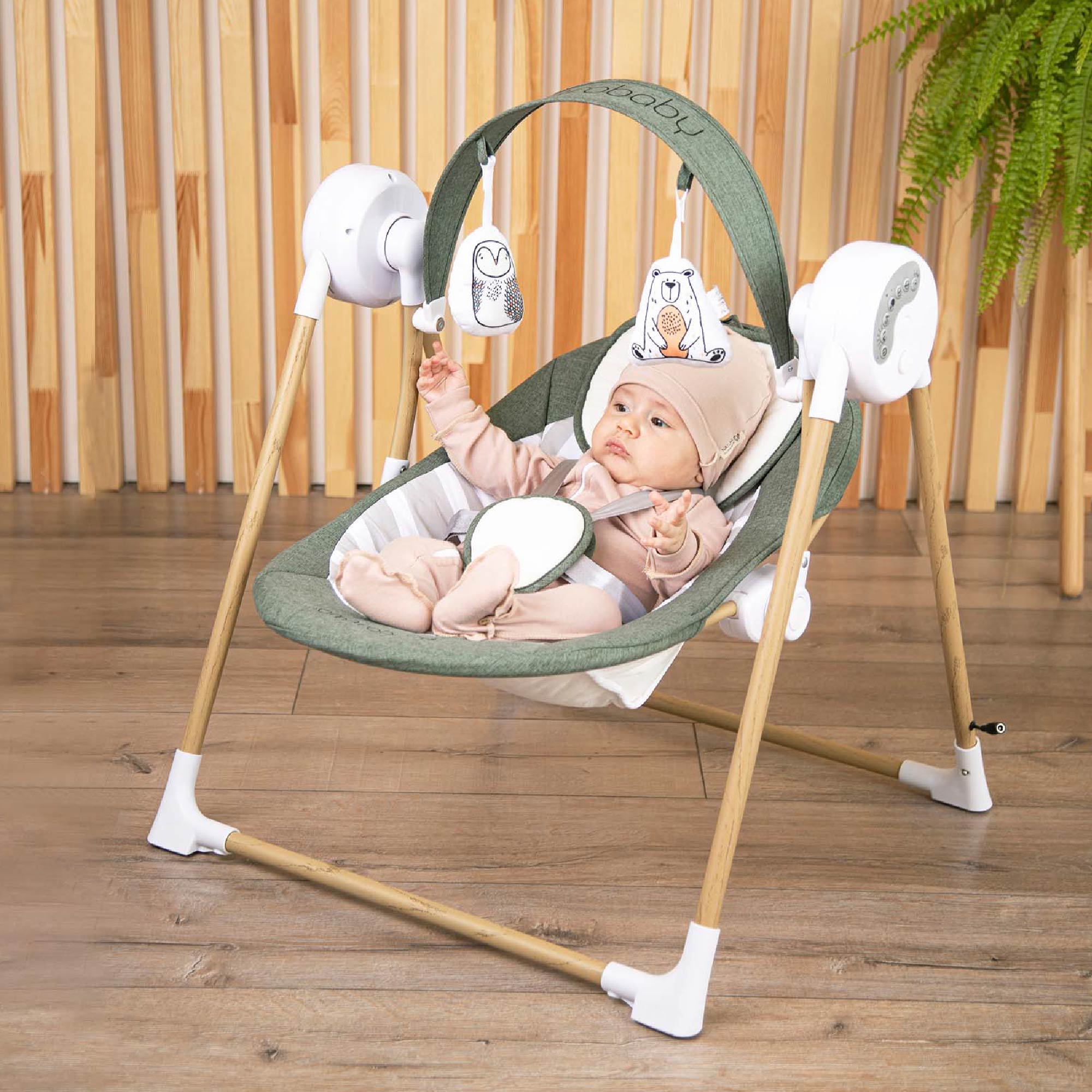 Электронные качели AmaroBaby WOODEN SWING хаки - фото 7