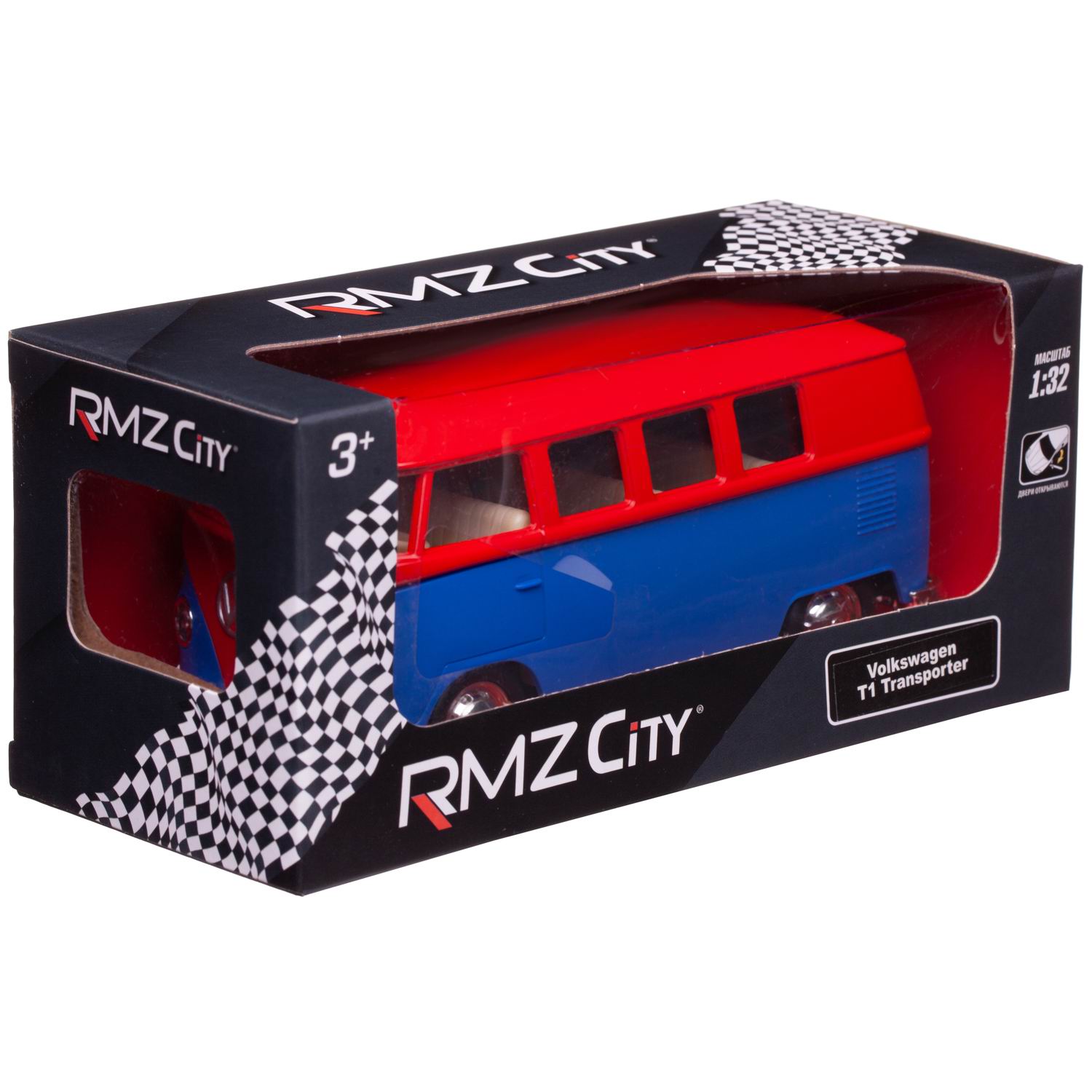 Машина металлическая RMZ City 1:32 Автобус инерционный Volkswagen Type 2 (T1) Transporter, цвет матовый красный с синим, 16,5*7,5*7 см