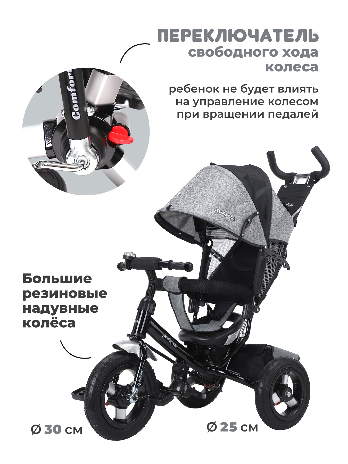 Велосипед трехколесный Moby Kids Comfort 12x10 AIR серый с ручкой - фото 4