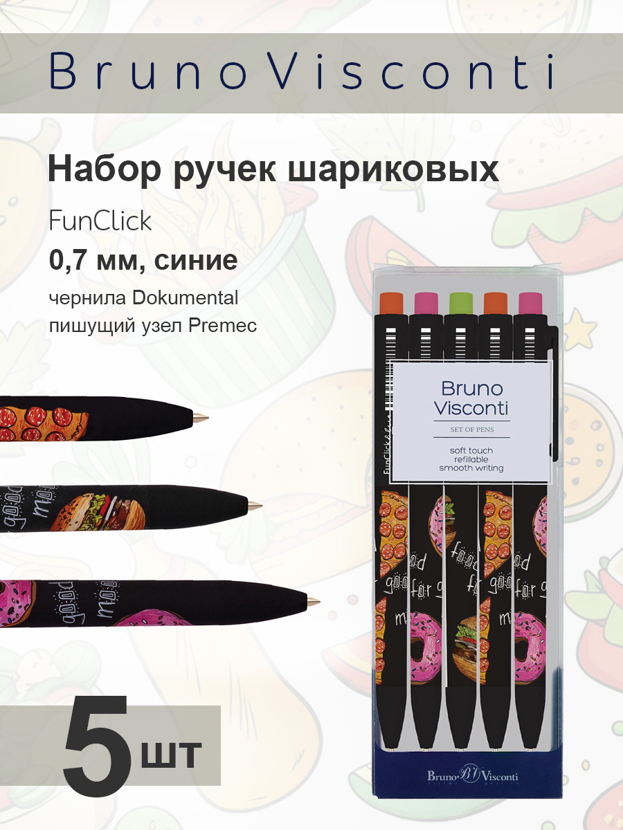 Набор из 5-ти шариковых ручек Bruno Visconti FunClick Food in black синие - фото 1