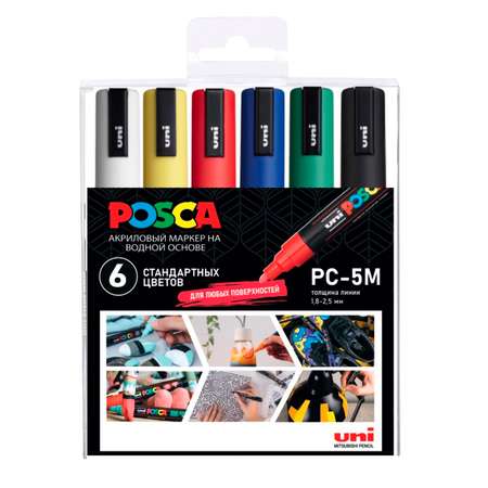 Набор акриловых маркеров UNI Posca PC-5M наконечник овал 1.8 - 2.5 мм. 6 цветов