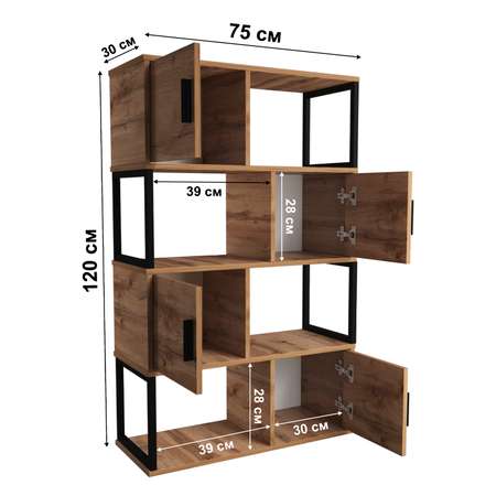 Стеллаж LETTA Fiji 4х дверный Цвет Дуб Вотан Черный металл 750*1200*300