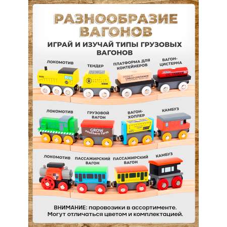 Набор поезд с вагонами А.Паровозиков 12 шт для деревянной дороги