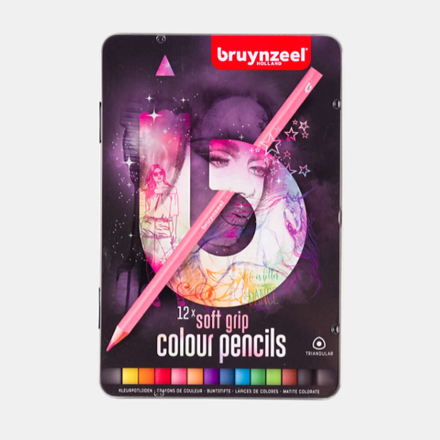Набор цветных карандашей BRUYNZEEL Teen Soft grip 12 в розовом металлическом коробе-пенале - фото 1