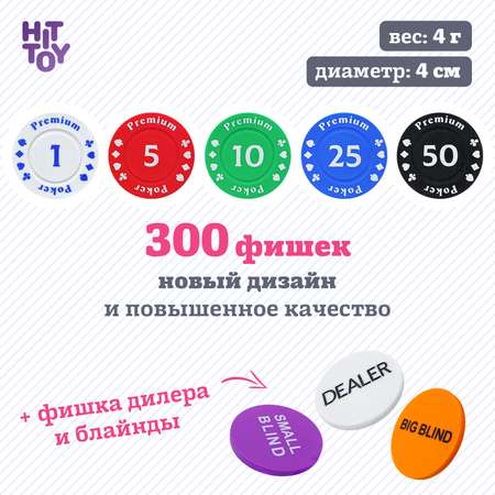 Покерный набор HitToy Holdem Light 300 фишек с номиналом в жестяной коробке c картами и сукном