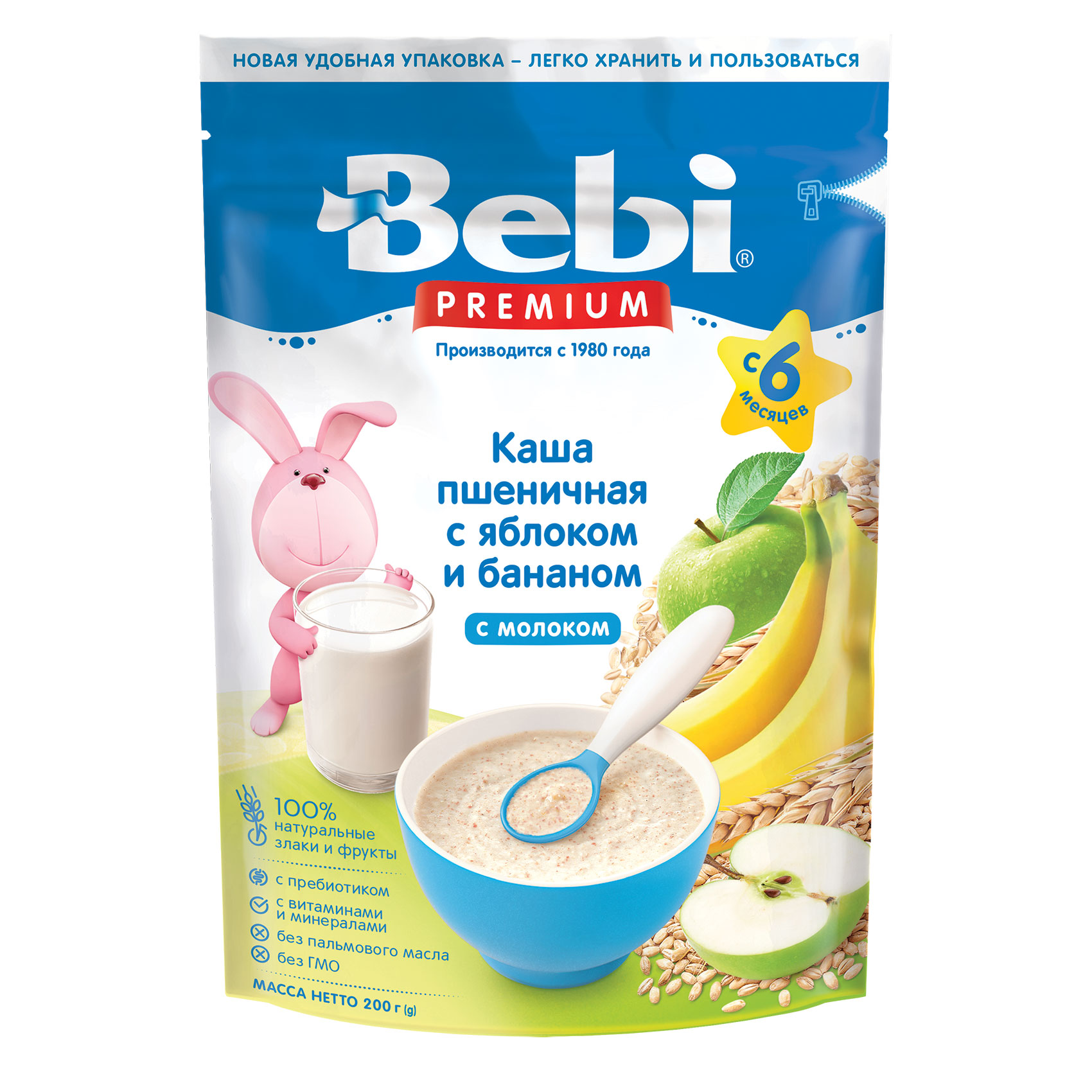 Каша молочная Bebi Premium пшеничная яблоко-банан 200г с 6месяцев - фото 1