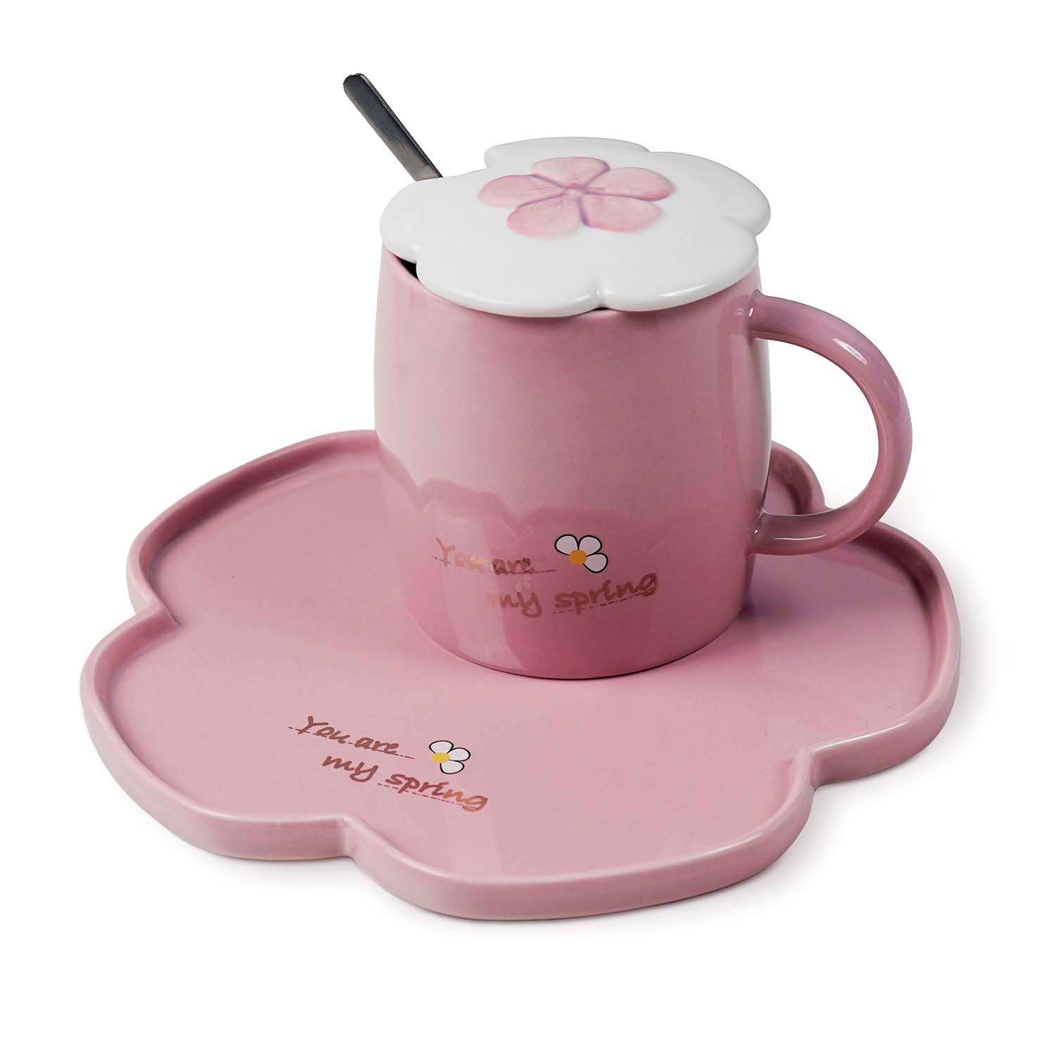 Чайный набор Solmax из кружки с блюдцем/крышкой и ложкой розовый TW56619 - фото 2