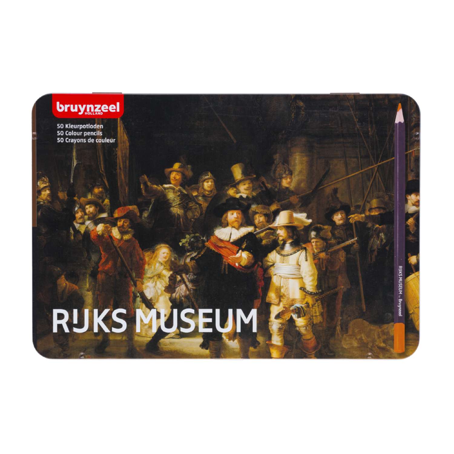 Набор цветных карандашей BRUYNZEEL The Rijksmuseum Ночной дозор Рембрандт 50 цветов в металлическом коробе-пенале - фото 1