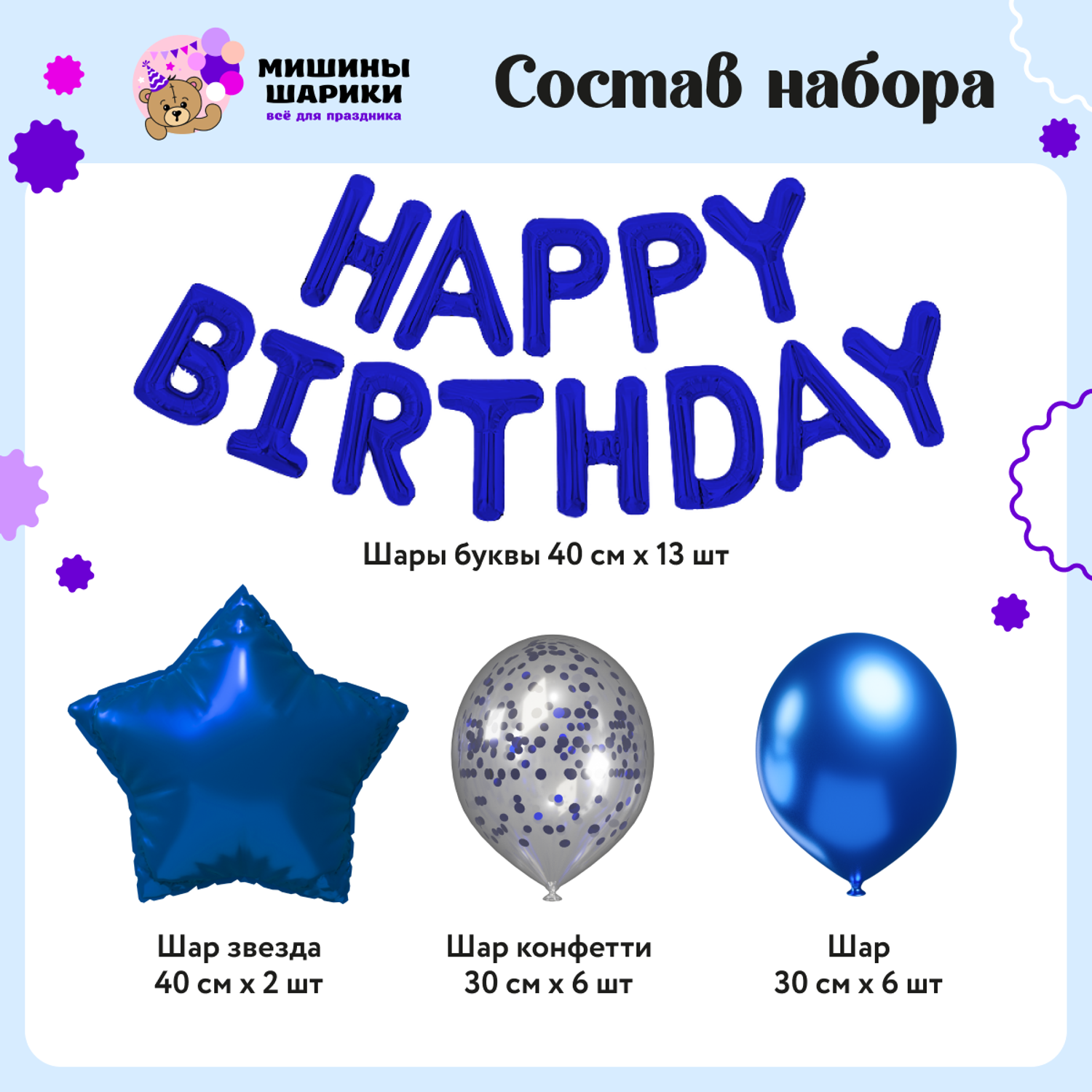 Воздушные шары Happy Birthday Мишины шарики для фотозоны на день рождения латексные и фольгированные - фото 2