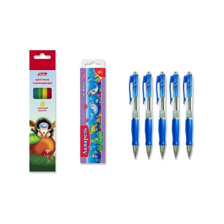 Набор для рисования Hatber Акварель 6 цв-цветные карандаши 6цв-5 шариковых ручек синих